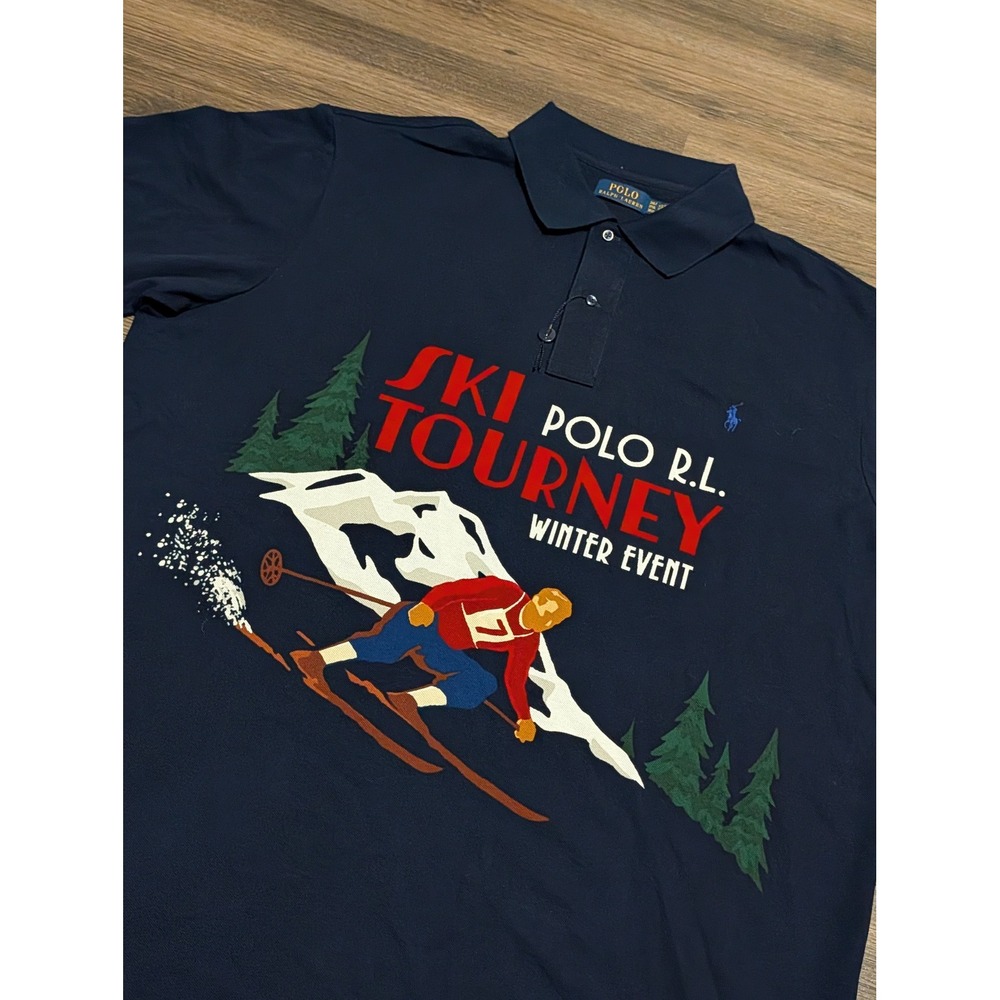 Polo Ralph Lauren Mens 4XB Navy Blue Ski Tourney Winter Event Graphic Polo Shirt
